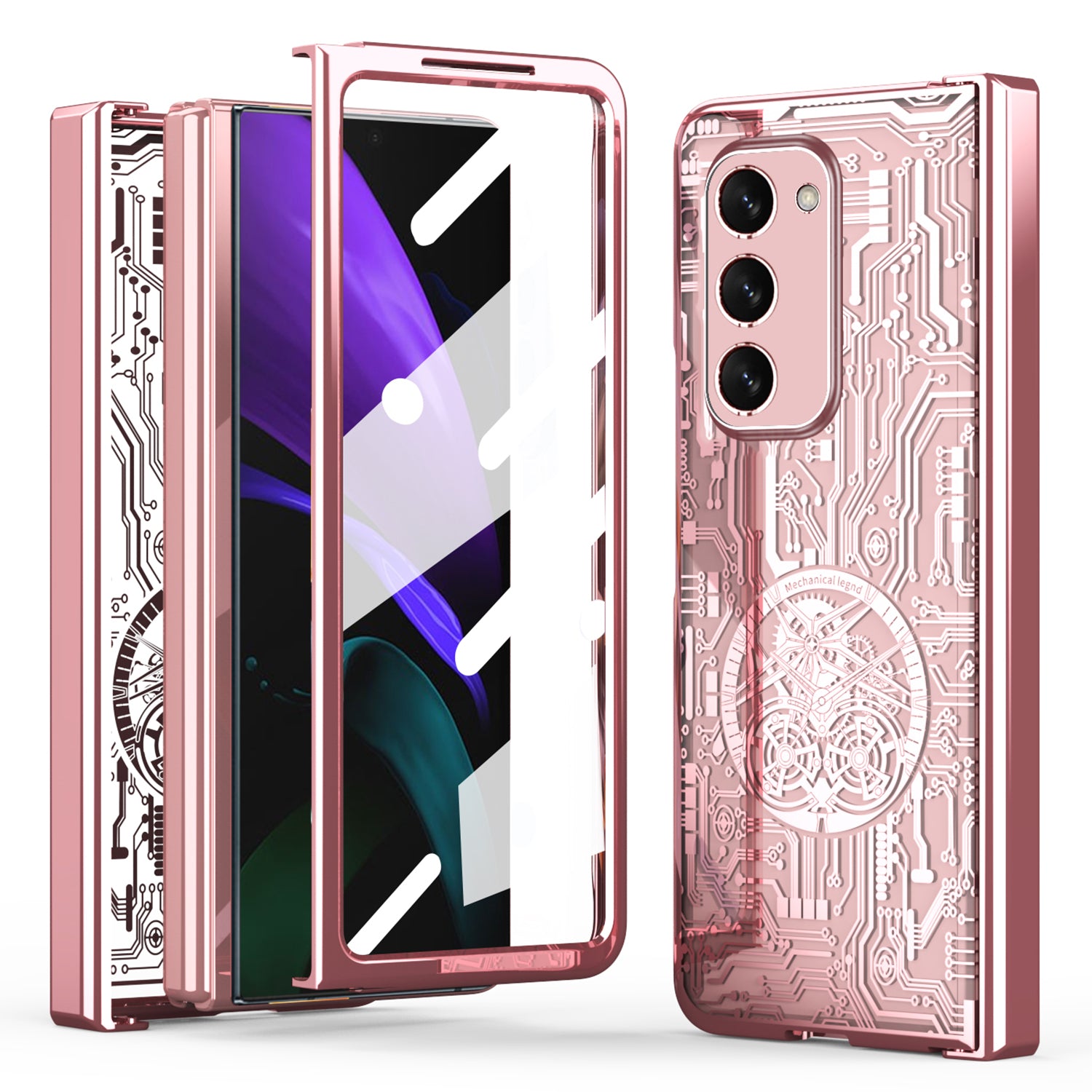 For Samsung Galaxy Z Fold2 5G Mechanical Legend Series Hinge Protection Phone Case Hard PC Electroplating Cover with Tempered Glass Film