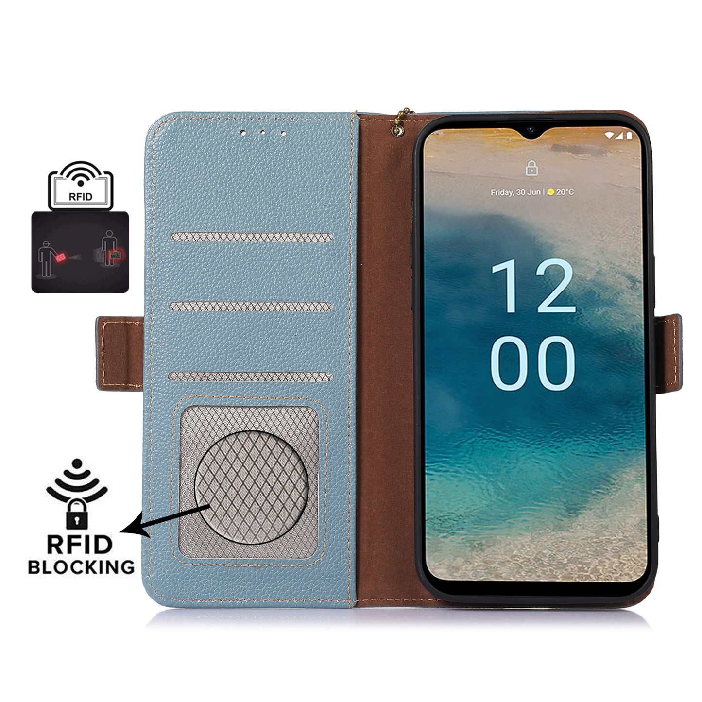 For Nokia C32 RFID Blocking Phone Cover Genuine Cow Leather Phone Case with Stand Wallet