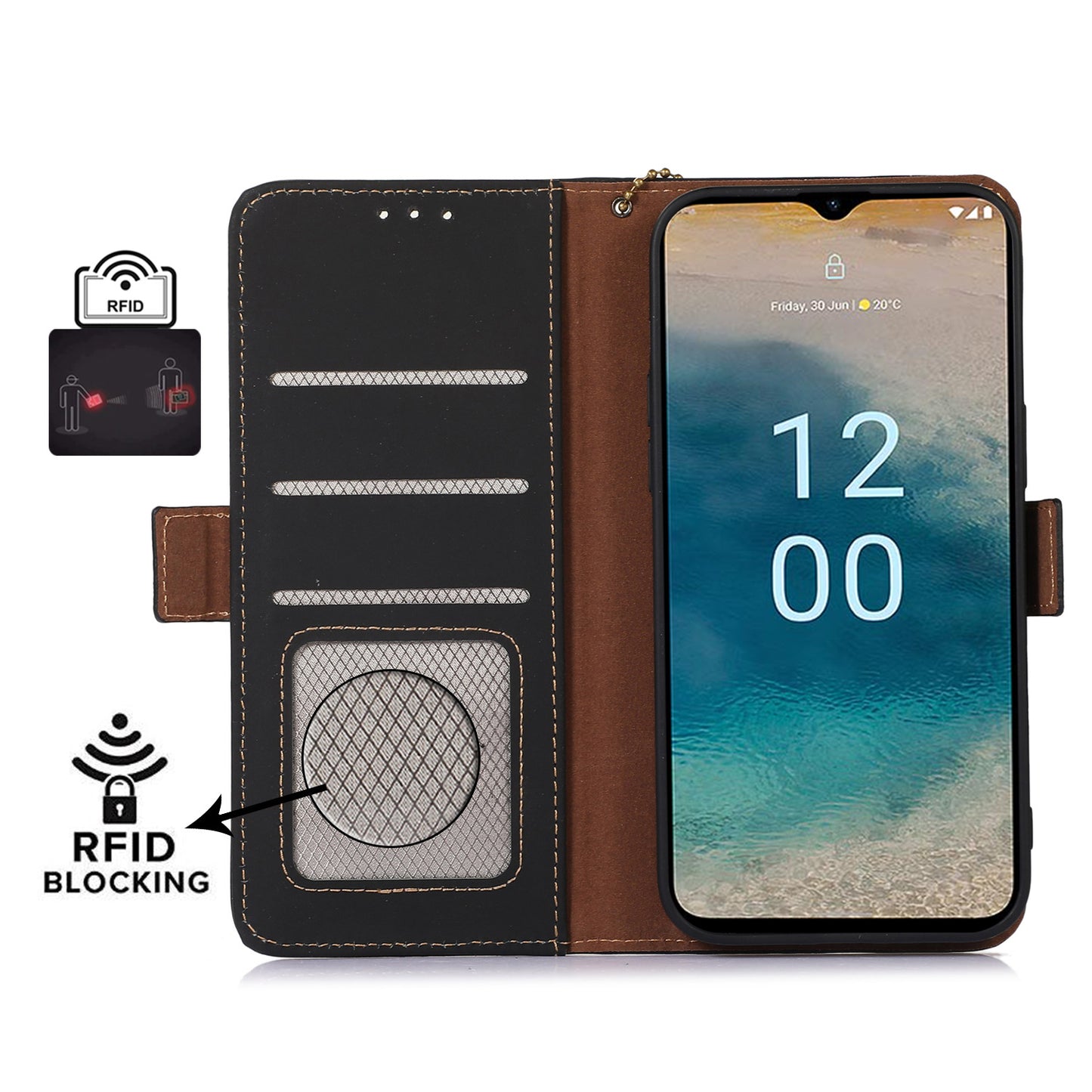 For Nokia C32 Stand Wallet RFID Blocking Phone Case Genuine Cow Leather Smartphone Cover