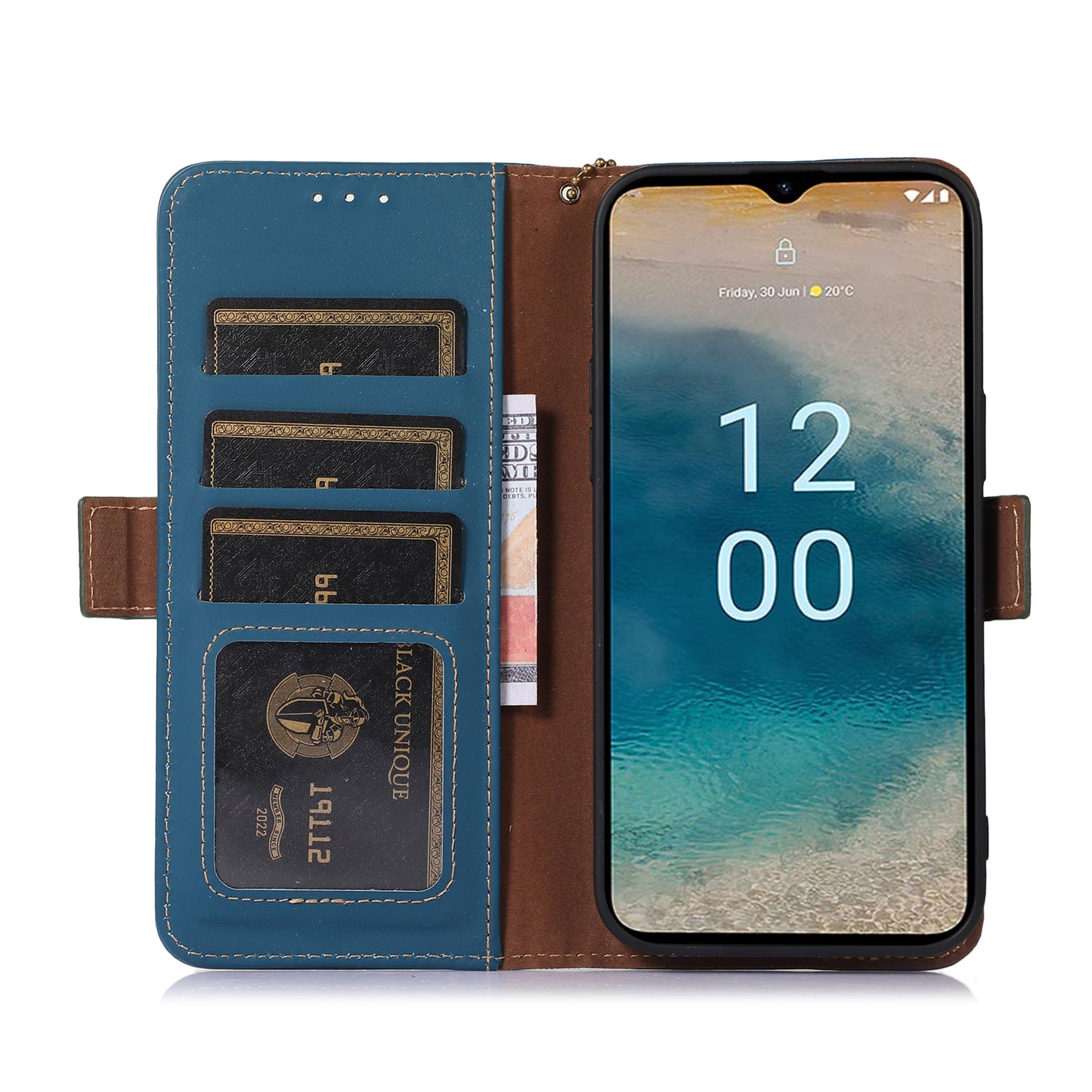 For Nokia C32 Stand Wallet RFID Blocking Phone Case Genuine Cow Leather Smartphone Cover