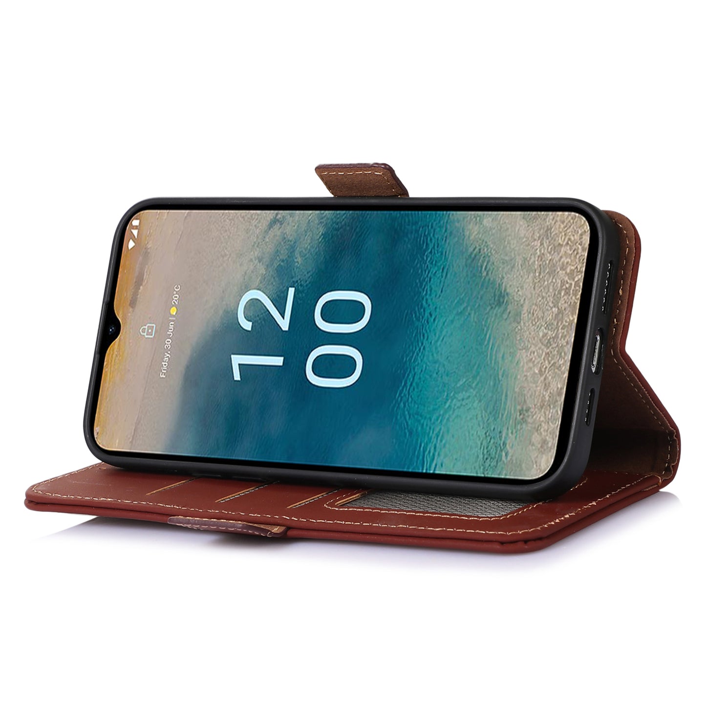 For Nokia C32 Stand Wallet RFID Blocking Phone Case Genuine Cow Leather Smartphone Cover