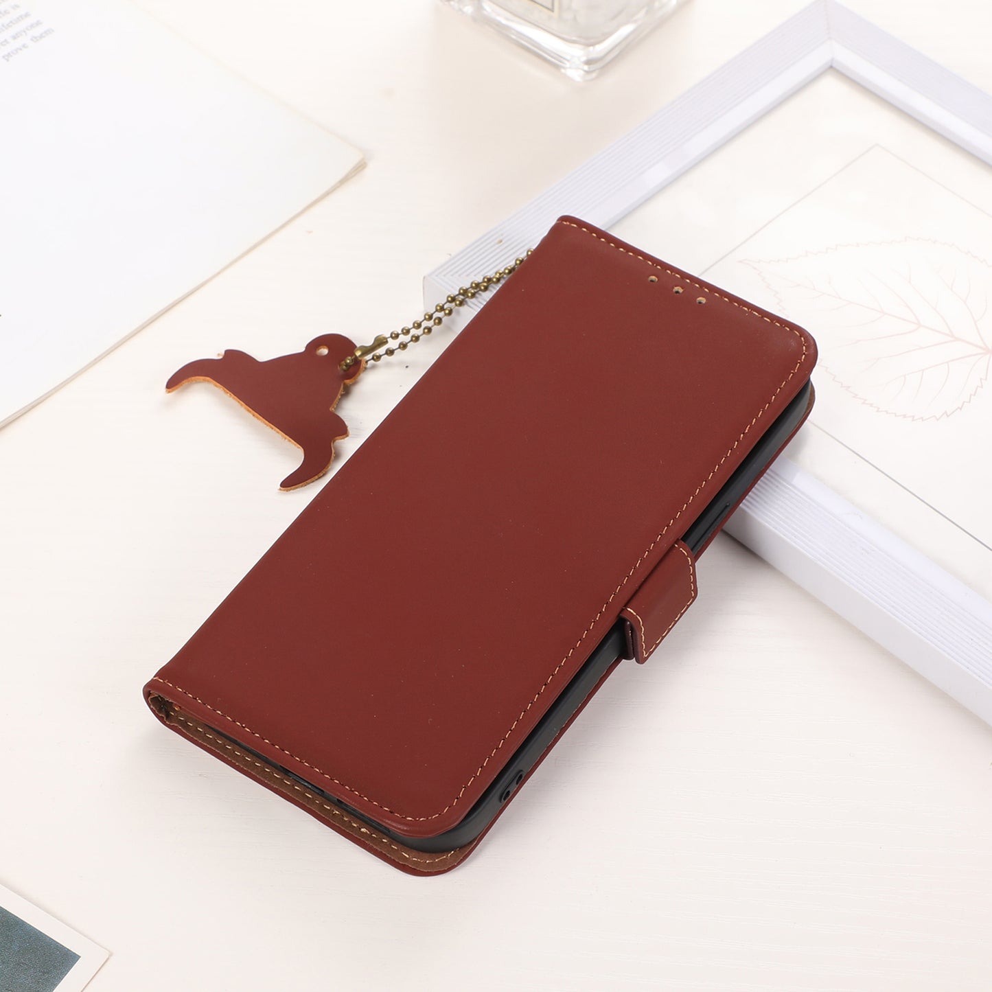 For Nokia C32 Stand Wallet RFID Blocking Phone Case Genuine Cow Leather Smartphone Cover