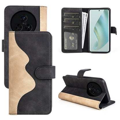 Dual Color Phone Shell for Honor Magic5 Splicing Leather Wallet Anti-Drop Cover Flip Stand Phone Case