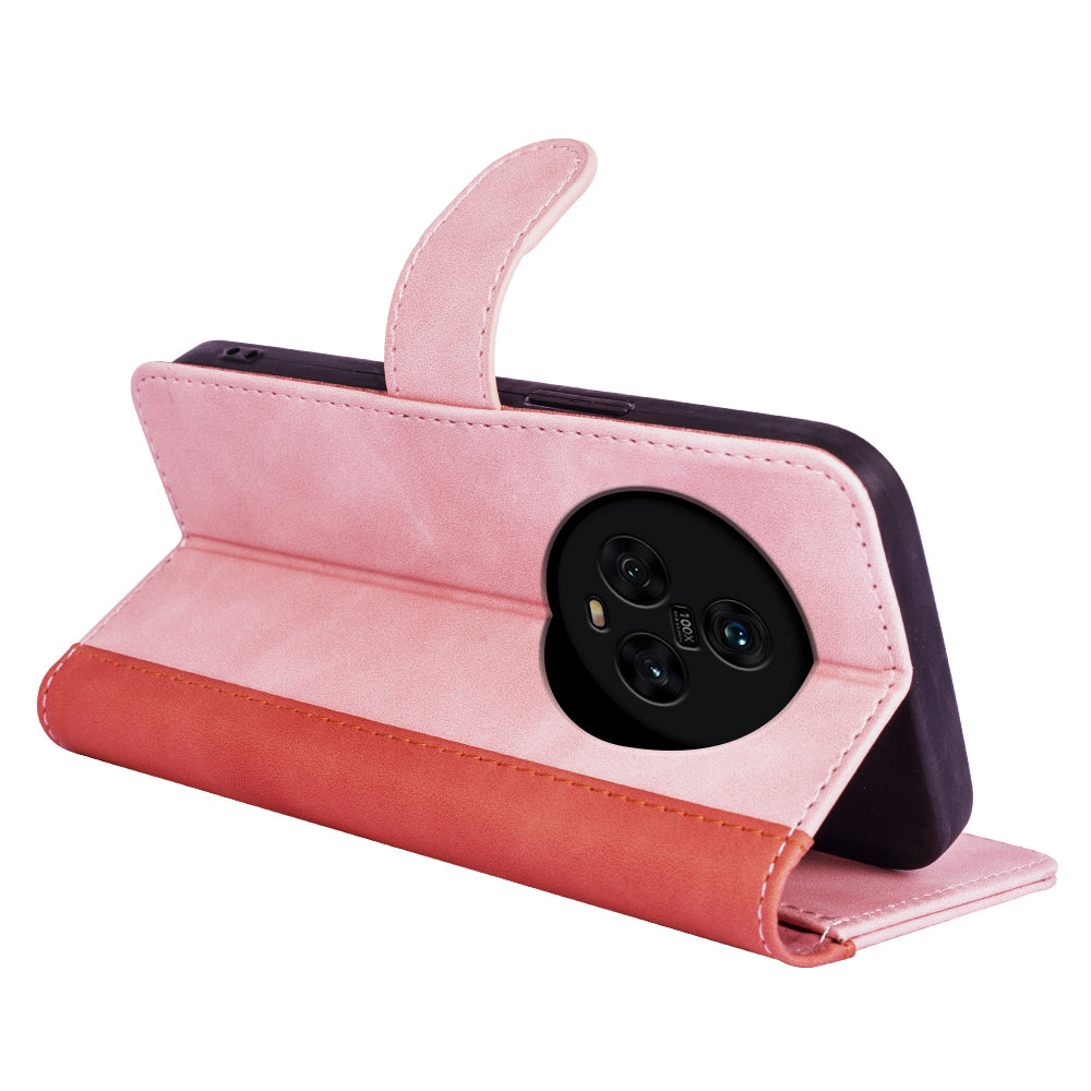 Dual Color Phone Shell for Honor Magic5 Splicing Leather Wallet Anti-Drop Cover Flip Stand Phone Case