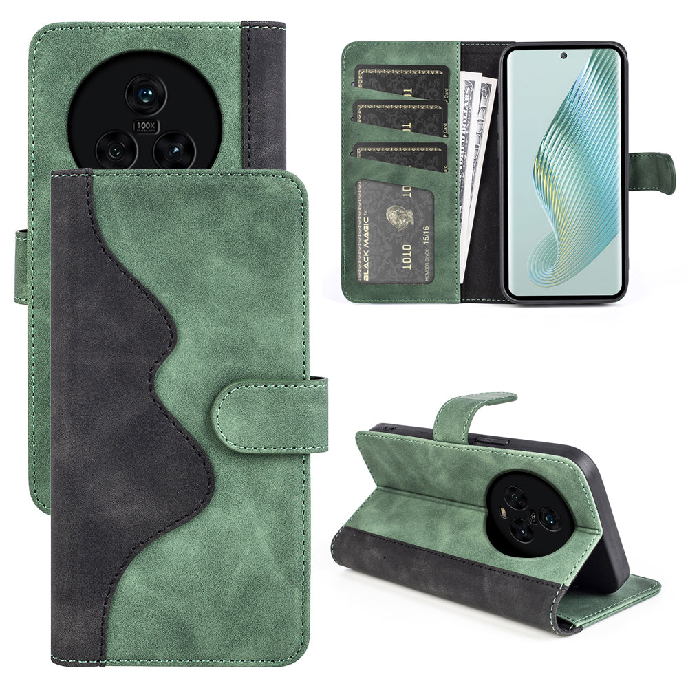 Dual Color Phone Shell for Honor Magic5 Splicing Leather Wallet Anti-Drop Cover Flip Stand Phone Case