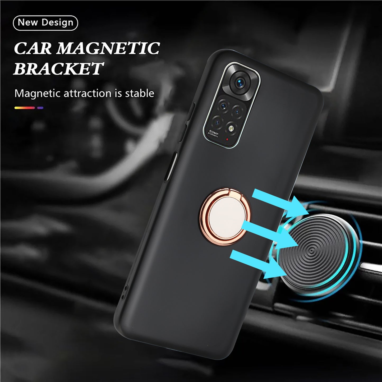 For Xiaomi Redmi Note 11S 4G / Note 11 4G (Qualcomm) Matte TPU Phone Case Ring Kickstand Cover Works for Magnetic Car Mount