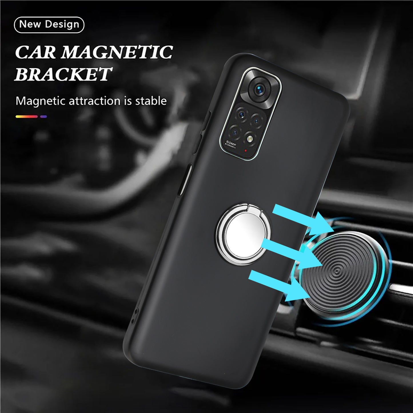 For Xiaomi Redmi Note 11S 4G / Note 11 4G (Qualcomm) Matte TPU Phone Case Ring Kickstand Cover Works for Magnetic Car Mount