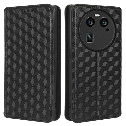 Wallet Case for Oppo Find X6 Imprinted Rhombus Pattern PU Leather+TPU Stand Phone Cover