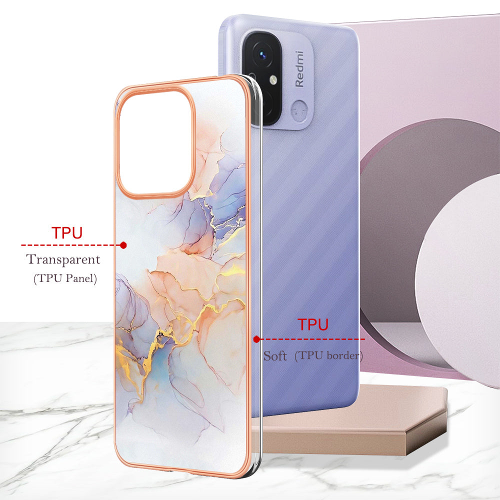 YB IMD Series-1 for Xiaomi Redmi 12C 4G / Redmi 11A 4G Phone TPU Case Marble Floral Pattern IMD Electroplating Cover