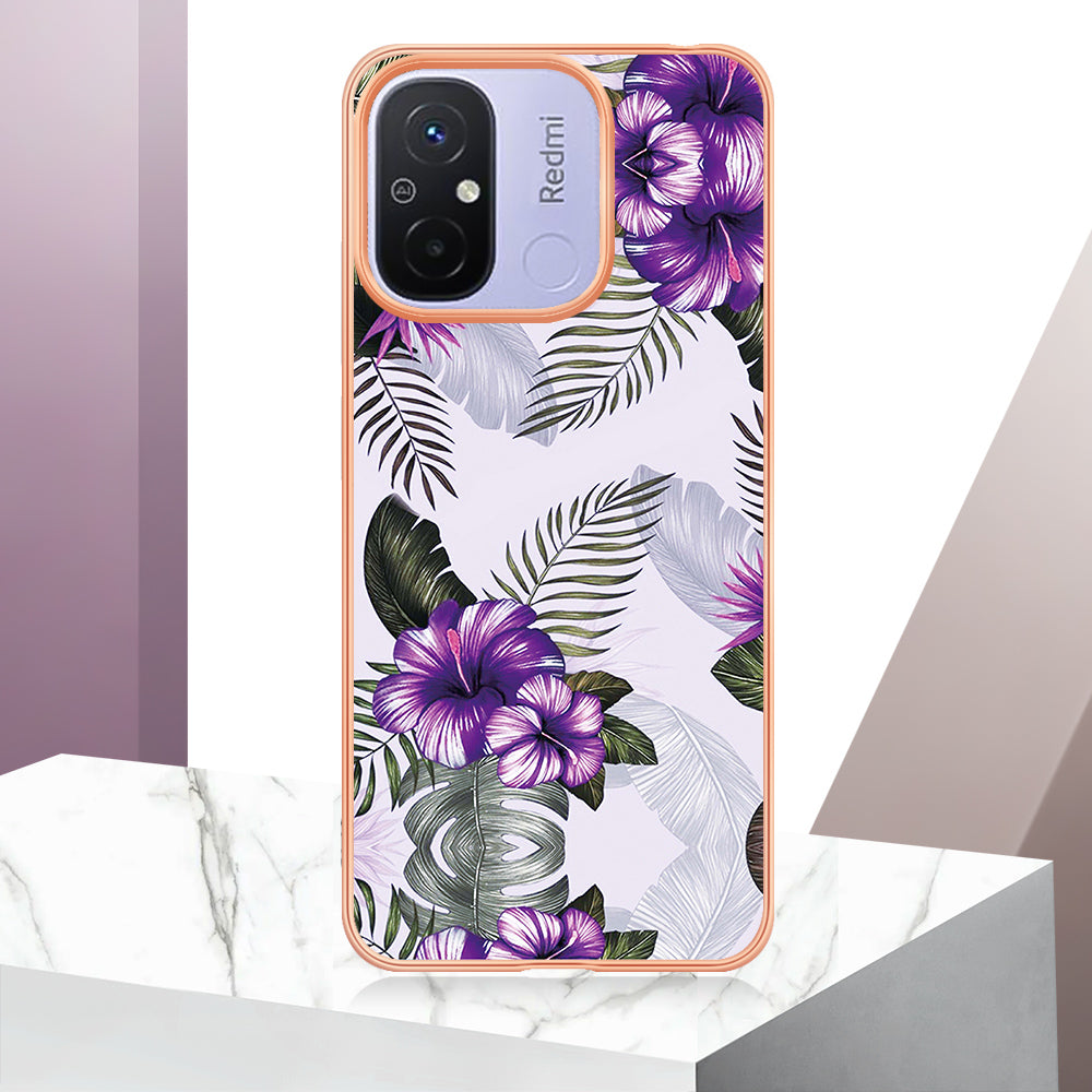 YB IMD Series-1 for Xiaomi Redmi 12C 4G / Redmi 11A 4G Phone TPU Case Marble Floral Pattern IMD Electroplating Cover