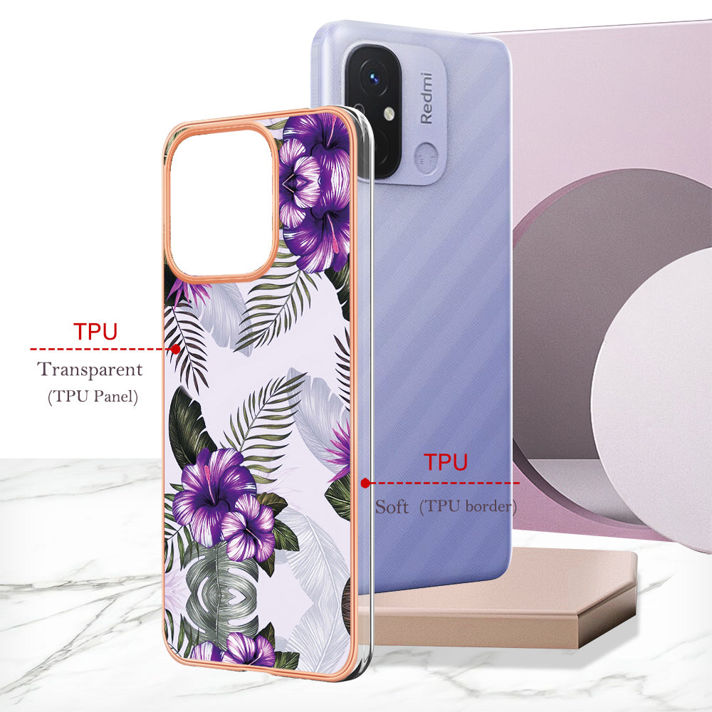 YB IMD Series-1 for Xiaomi Redmi 12C 4G / Redmi 11A 4G Phone TPU Case Marble Floral Pattern IMD Electroplating Cover