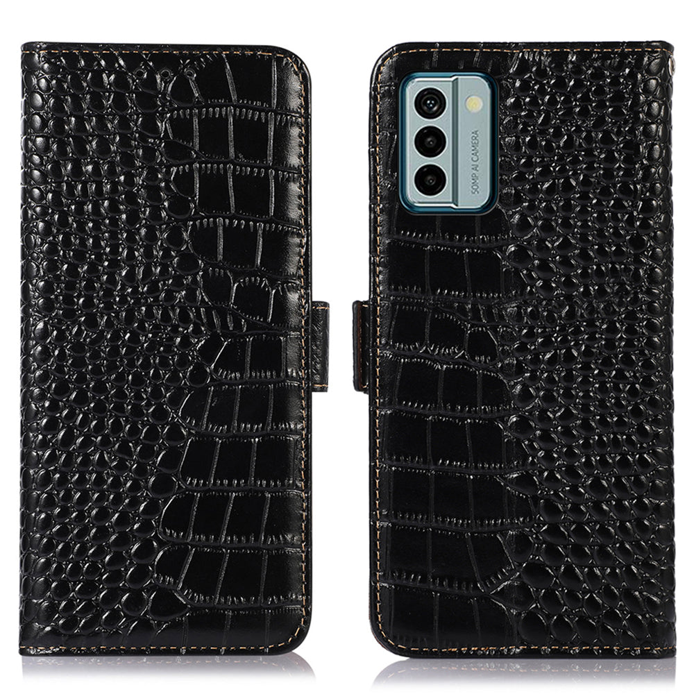 For Nokia G22 RFID Blocking Wallet Phone Case Crocodile Texture Genuine Cow Leather Stand Cover