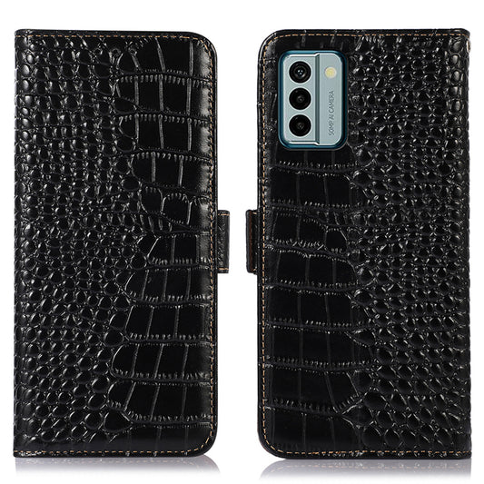 For Nokia G22 RFID Blocking Wallet Phone Case Crocodile Texture Genuine Cow Leather Stand Cover