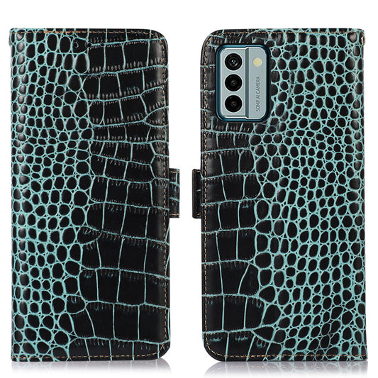 For Nokia G22 RFID Blocking Wallet Phone Case Crocodile Texture Genuine Cow Leather Stand Cover