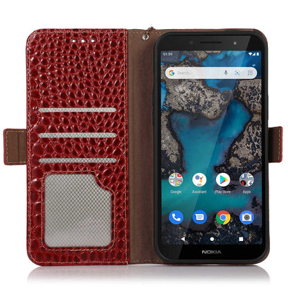 For Nokia G22 RFID Blocking Wallet Phone Case Crocodile Texture Genuine Cow Leather Stand Cover