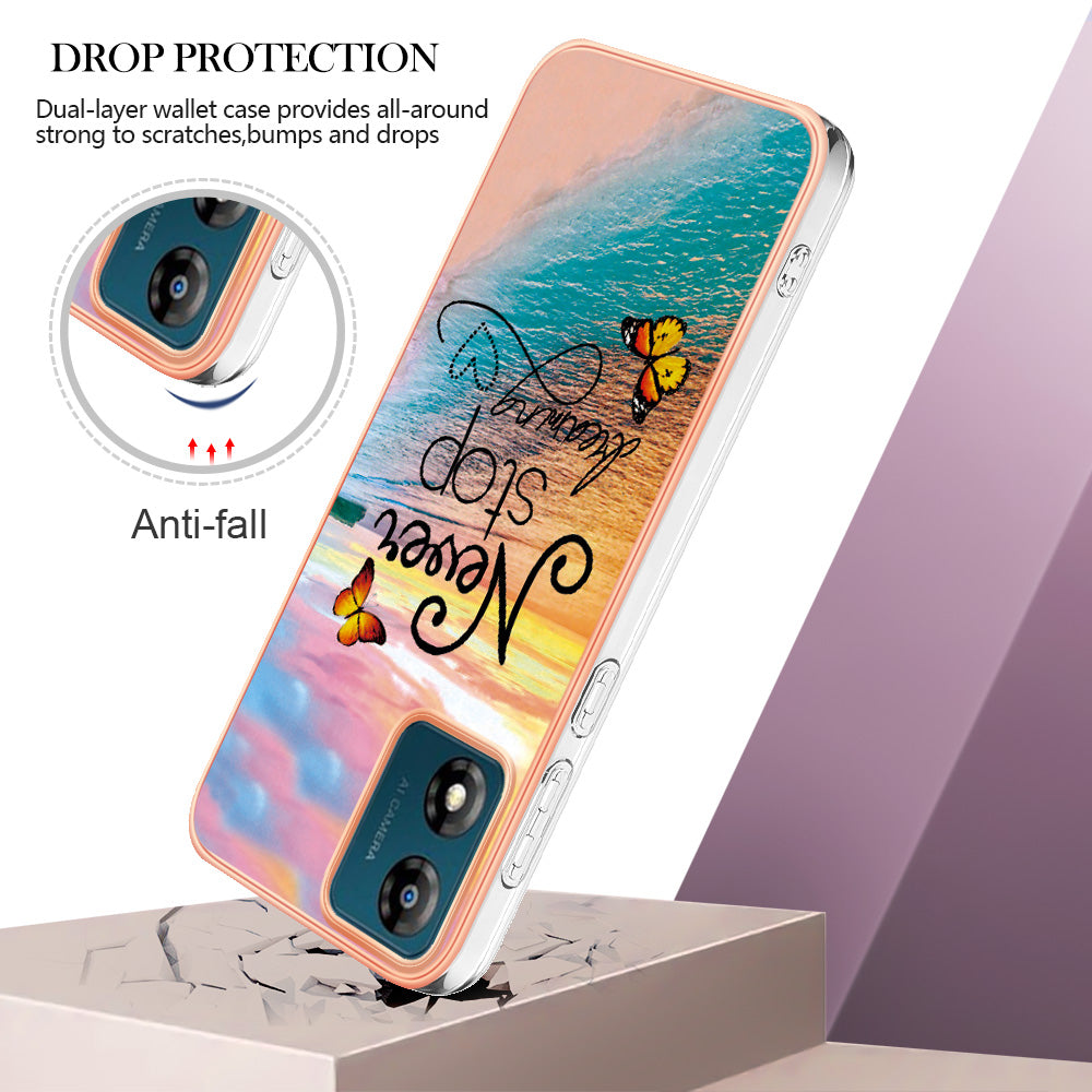 YB IMD Series-1 for Motorola Moto E13 4G Electroplating Phone Case Marble Floral Pattern TPU IMD Cover