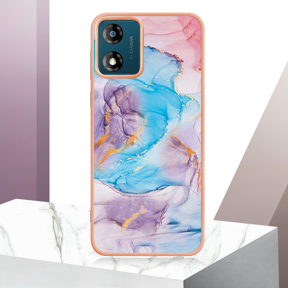 YB IMD Series-1 for Motorola Moto E13 4G Electroplating Phone Case Marble Floral Pattern TPU IMD Cover