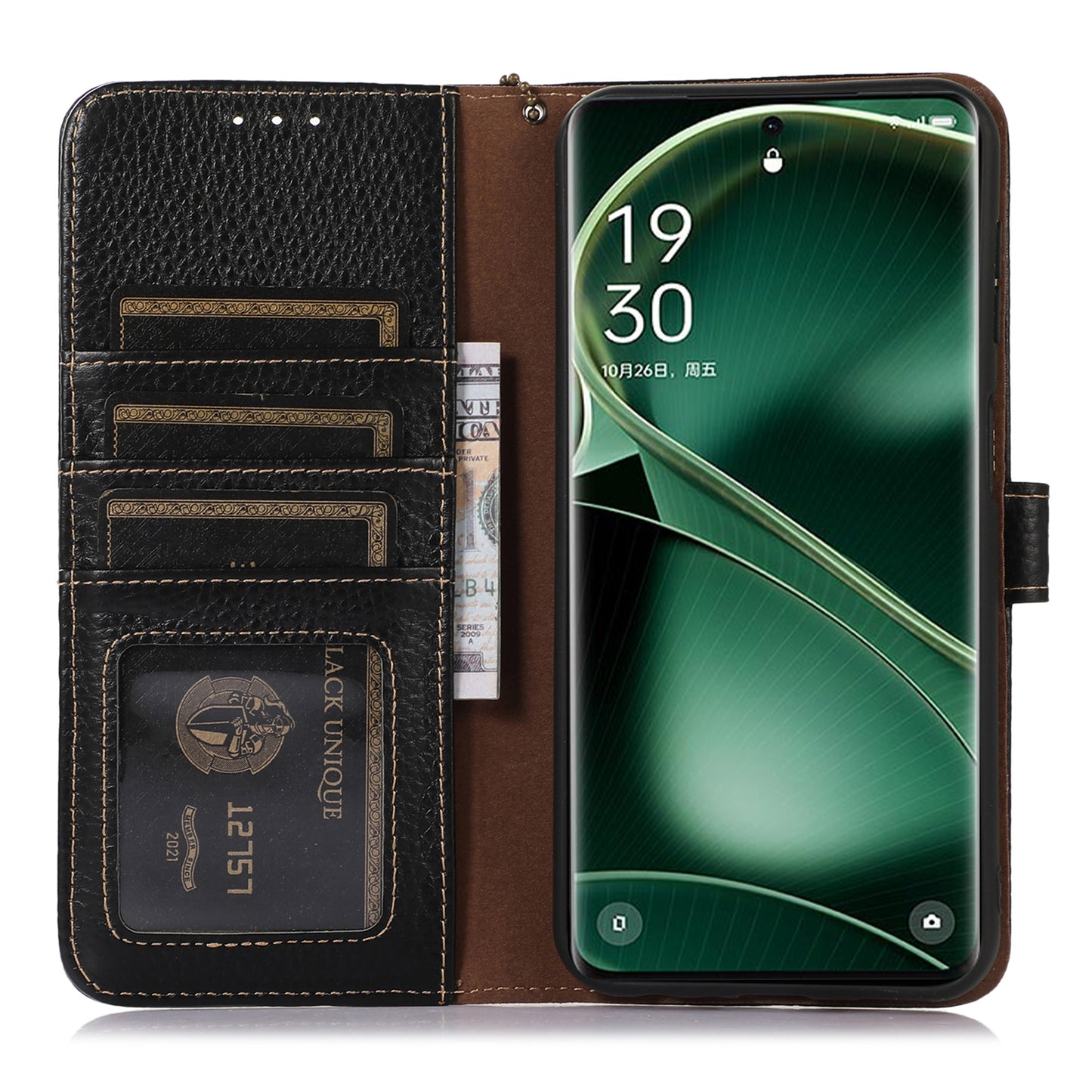 Litchi Texture Cover for Oppo Find X6 , RFID Blocking Phone Wallet Case Genuine Cow Leather Stand Shell