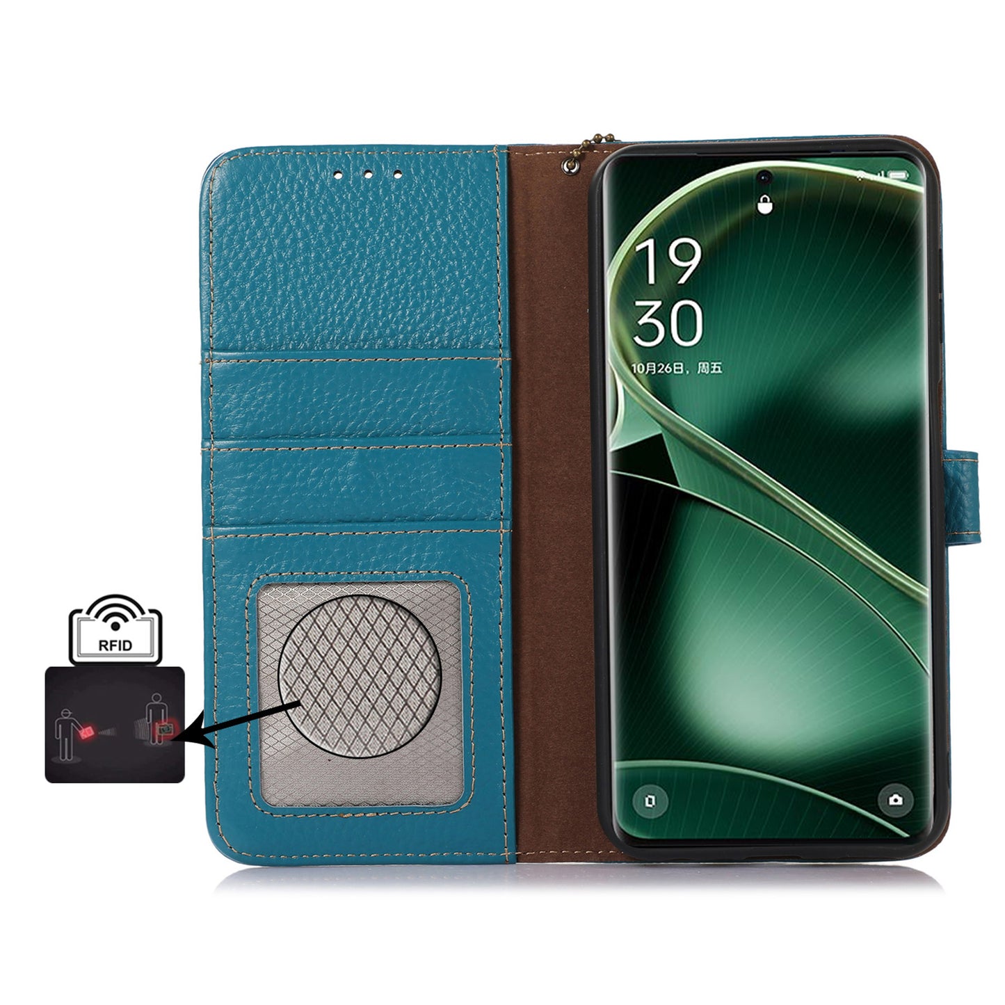 Litchi Texture Cover for Oppo Find X6 , RFID Blocking Phone Wallet Case Genuine Cow Leather Stand Shell