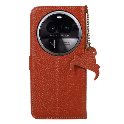 Litchi Texture Cover for Oppo Find X6 , RFID Blocking Phone Wallet Case Genuine Cow Leather Stand Shell