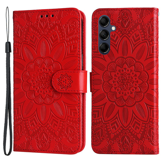 For Samsung Galaxy M14 5G Sunflower Imprinted Phone Wallet Case PU Leather Stand Cover with Strap