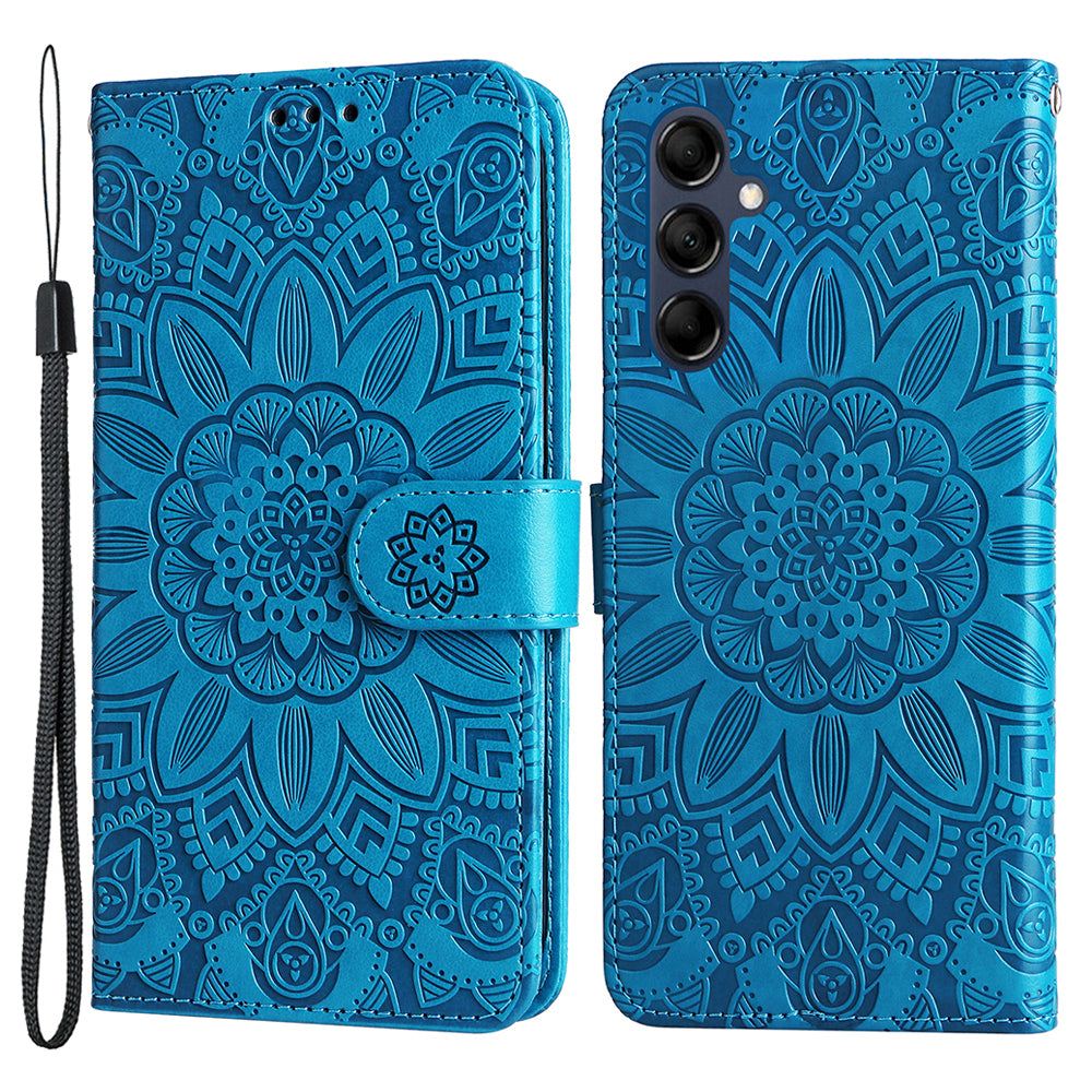 For Samsung Galaxy M14 5G Sunflower Imprinted Phone Wallet Case PU Leather Stand Cover with Strap