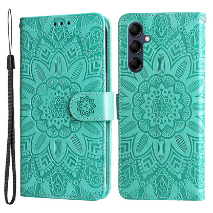For Samsung Galaxy M14 5G Sunflower Imprinted Phone Wallet Case PU Leather Stand Cover with Strap