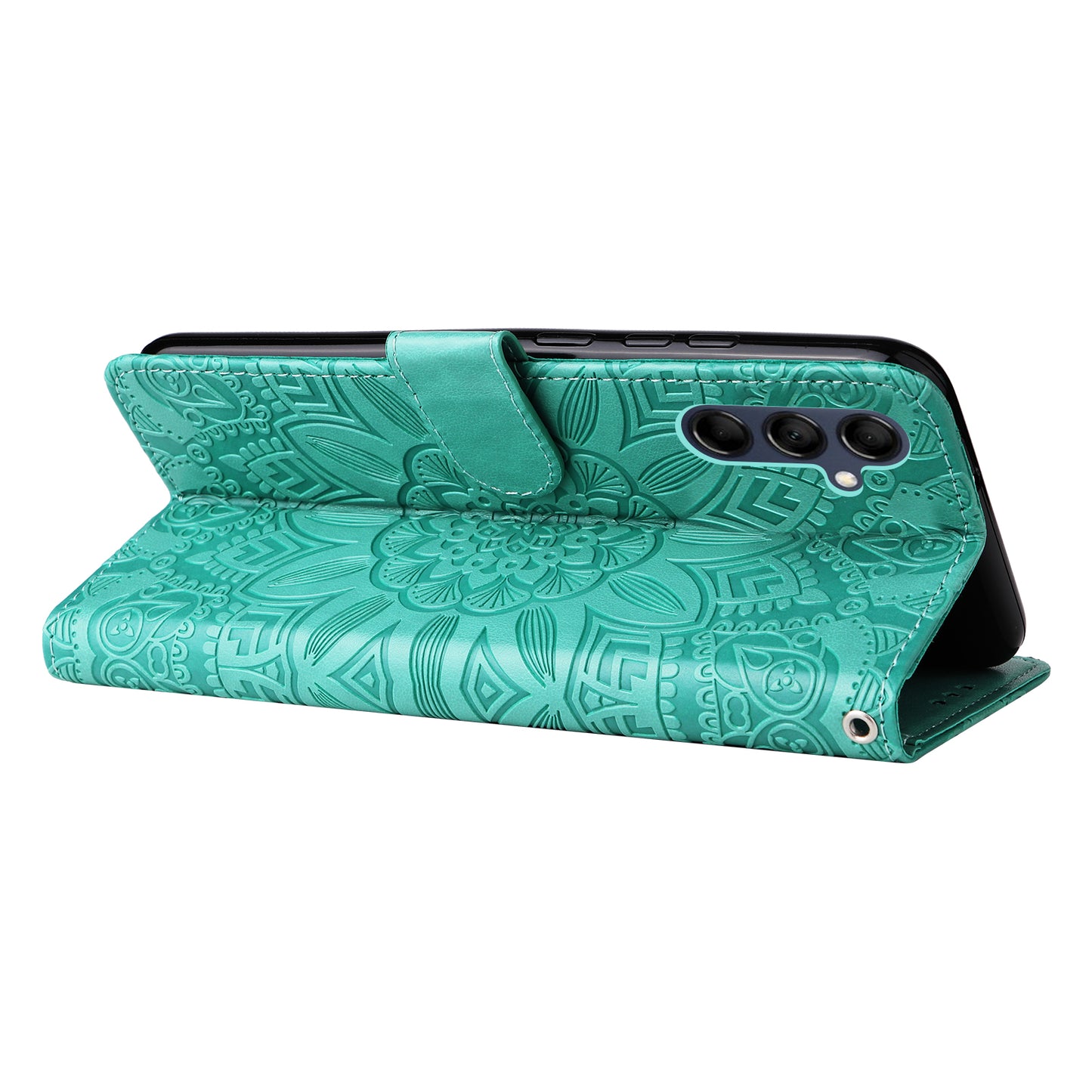 For Samsung Galaxy M14 5G Sunflower Imprinted Phone Wallet Case PU Leather Stand Cover with Strap