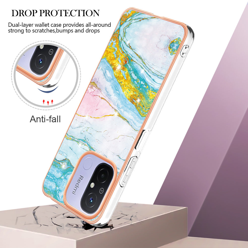 YB IMD Series-2 IMD TPU Case for Xiaomi Redmi 11A 4G / 12C 4G Electroplating Anti-scratch Marble Pattern Cover
