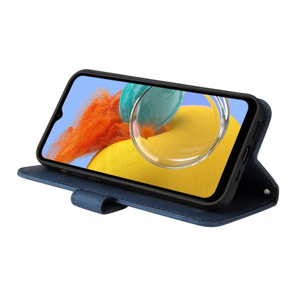 PU Leather Case for Samsung Galaxy M14 5G Skin-touch Imprinted Lines Wallet Stand Phone Cover