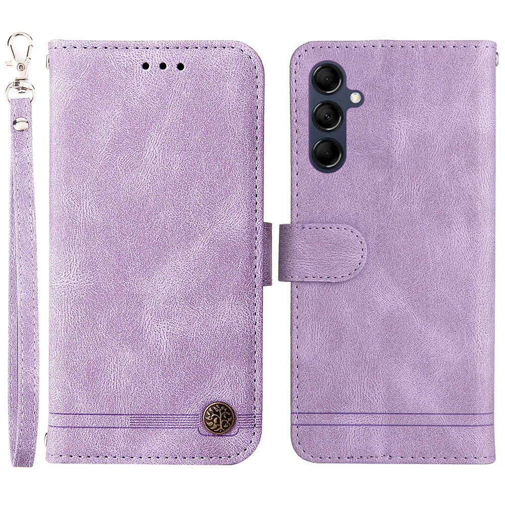 PU Leather Case for Samsung Galaxy M14 5G Skin-touch Imprinted Lines Wallet Stand Phone Cover