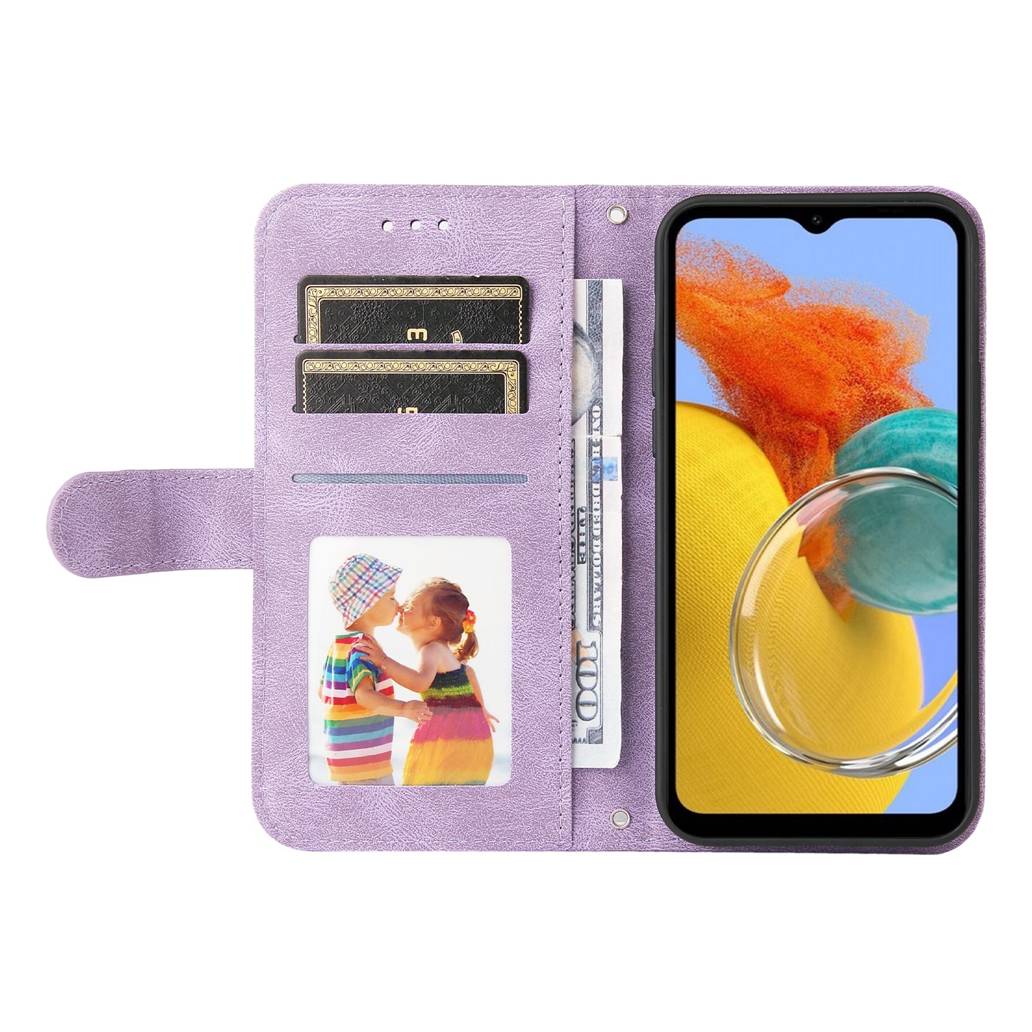 PU Leather Case for Samsung Galaxy M14 5G Skin-touch Imprinted Lines Wallet Stand Phone Cover