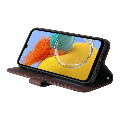 PU Leather Case for Samsung Galaxy M14 5G Skin-touch Imprinted Lines Wallet Stand Phone Cover