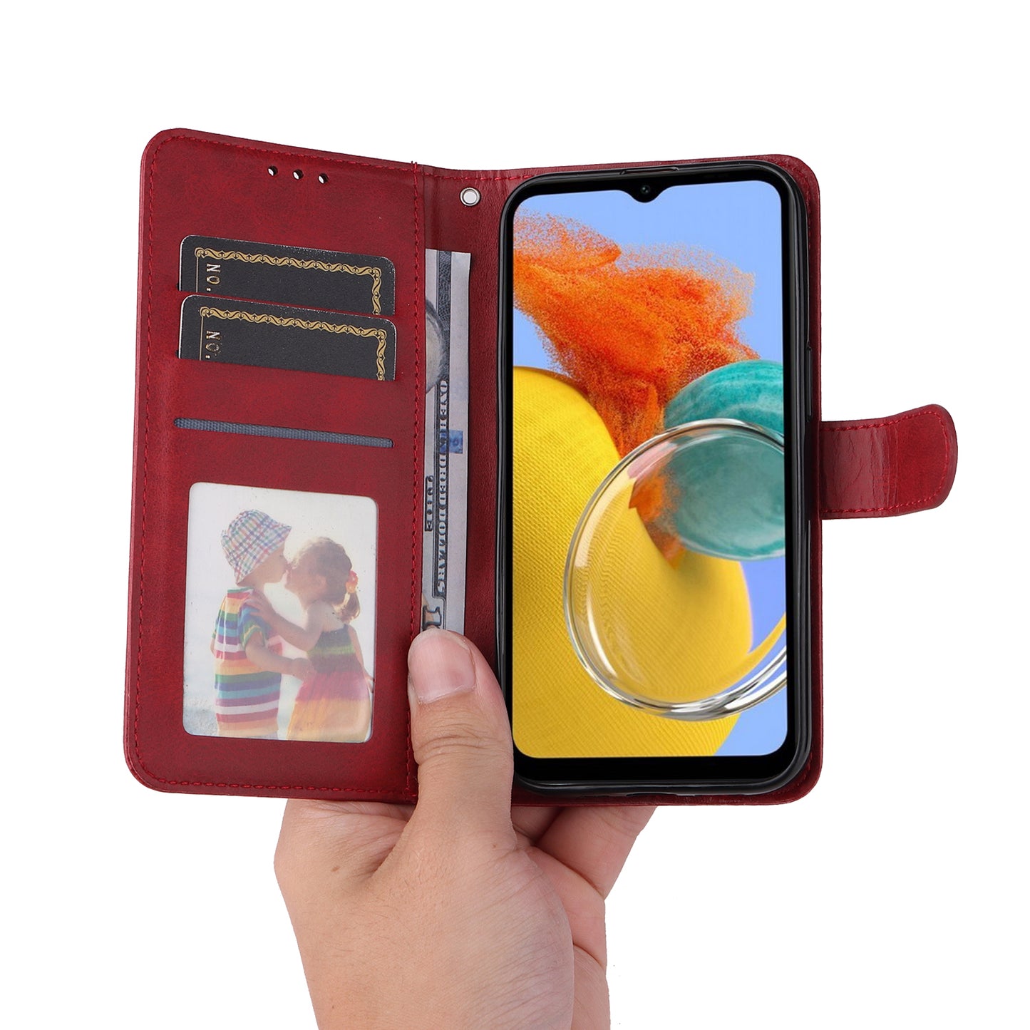 For Samsung Galaxy M14 5G Anti-Dust Phone Shell Calf Texture Stand Phone Case Leather Phone Cover with Strap