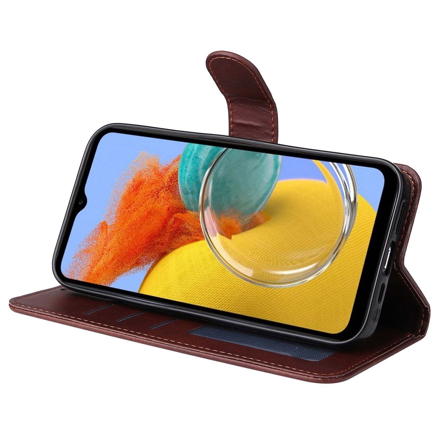 For Samsung Galaxy M14 5G Anti-Dust Phone Shell Calf Texture Stand Phone Case Leather Phone Cover with Strap