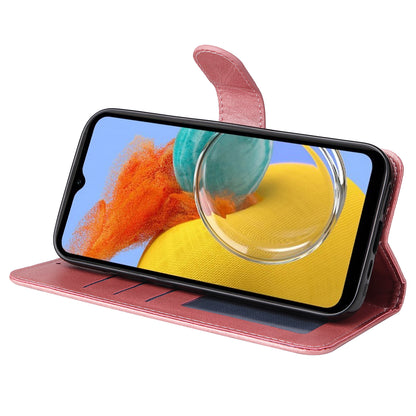 For Samsung Galaxy M14 5G Anti-Dust Phone Shell Calf Texture Stand Phone Case Leather Phone Cover with Strap