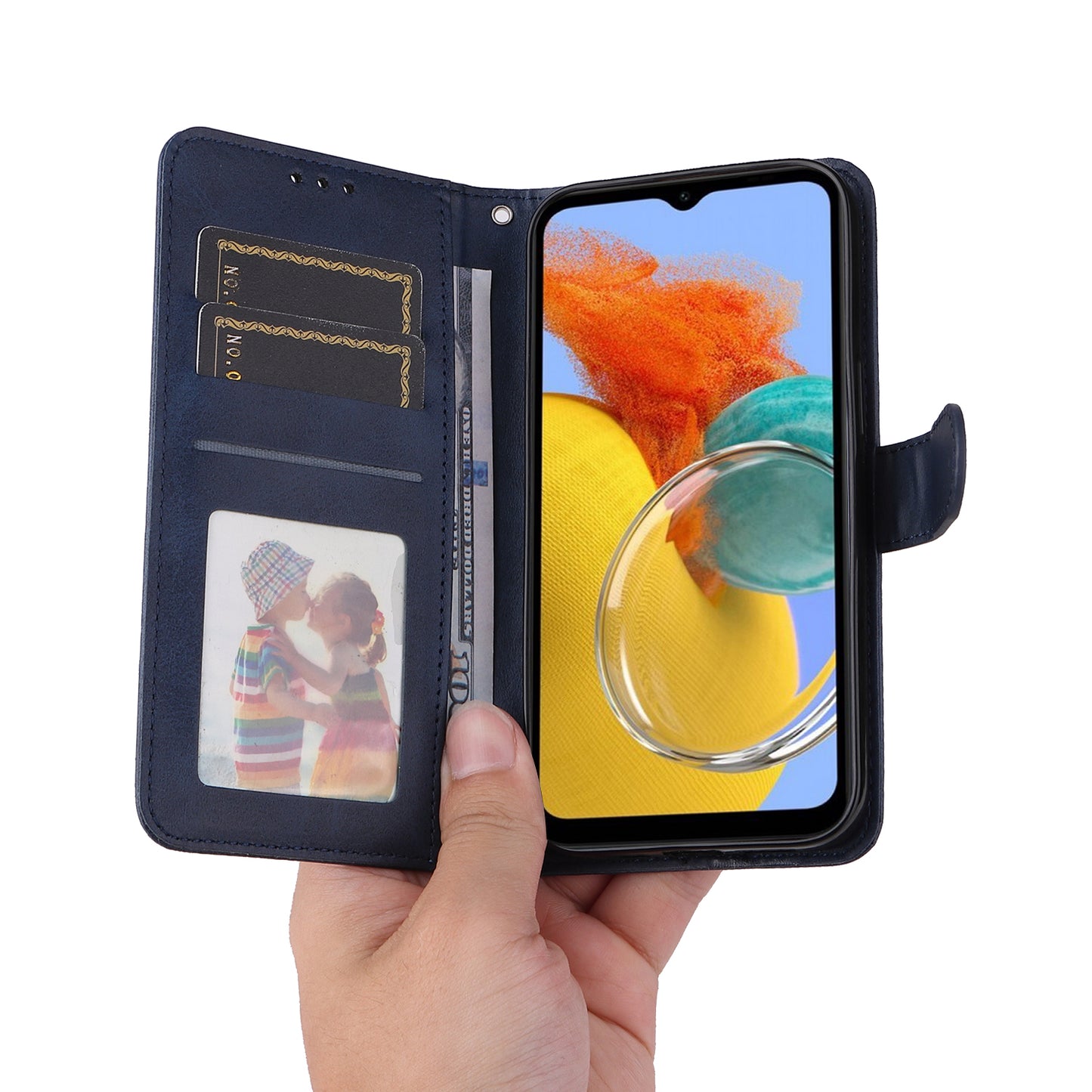 For Samsung Galaxy M14 5G Anti-Dust Phone Shell Calf Texture Stand Phone Case Leather Phone Cover with Strap