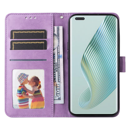 PU Leather Stand Cover for Honor Magic5 Pro Sunflower Imprinted Phone Wallet Case with Strap