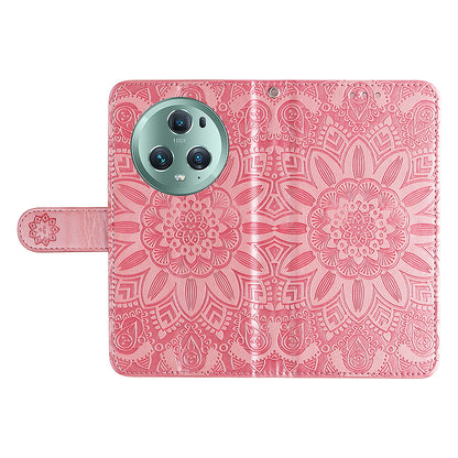 PU Leather Stand Cover for Honor Magic5 Pro Sunflower Imprinted Phone Wallet Case with Strap