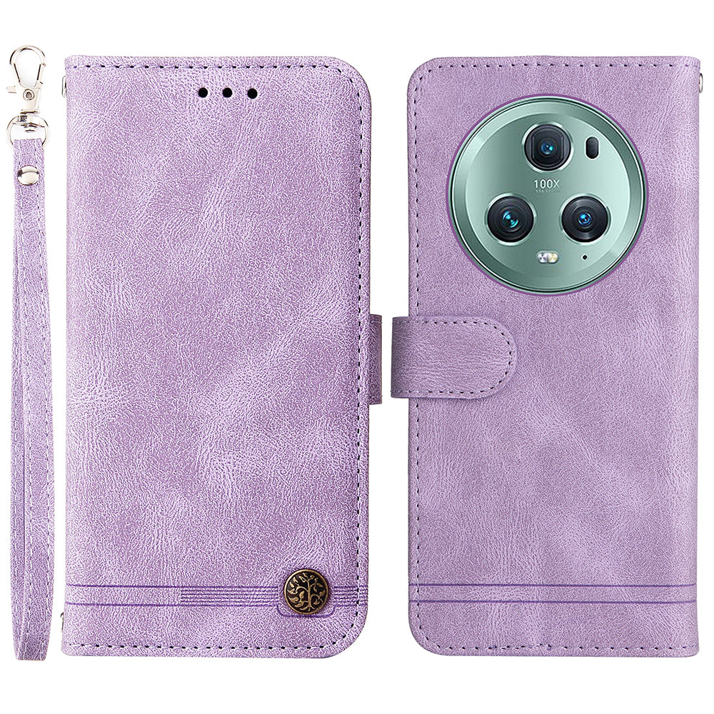 Phone Cover for Honor Magic5 Pro Skin-touch Leather Case Imprinted Lines Wallet Stand Shell