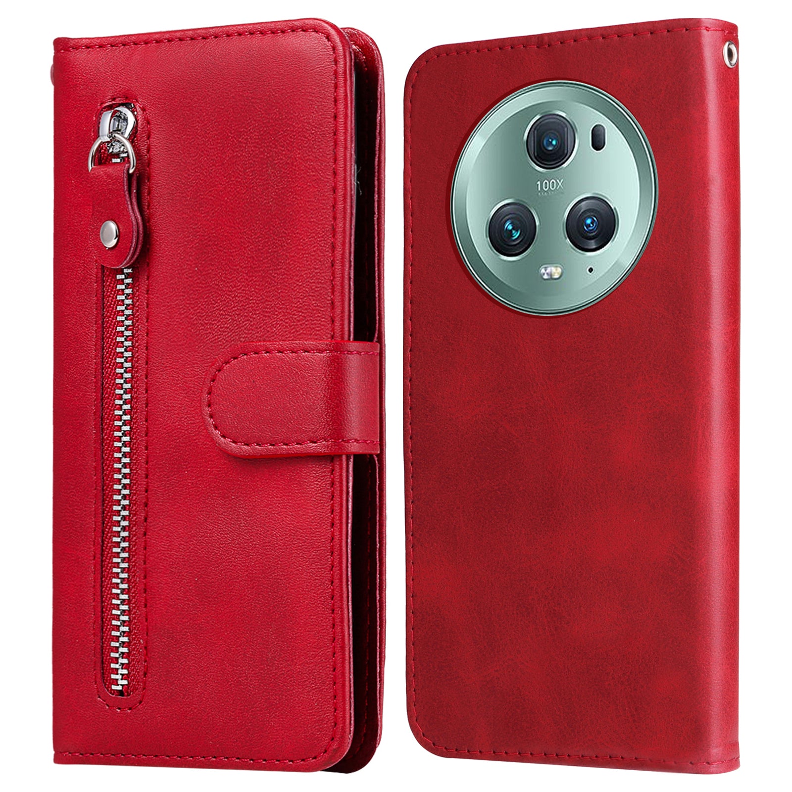 Wallet Phone Cover for Honor Magic5 Pro PU Leather Case Zipper Pocket Calf Texture Stand Shell