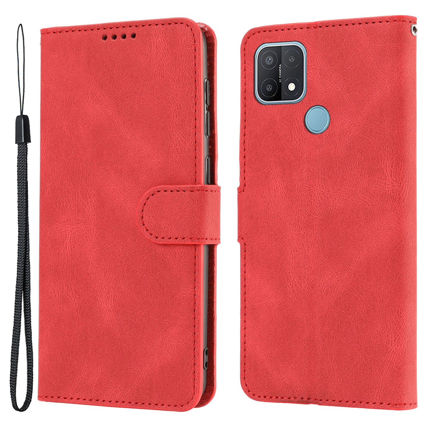 For Oppo A15s / A15 / A35 PU Leather Wallet Case Viewing Stand Magnetic Flip Phone Cover with Strap