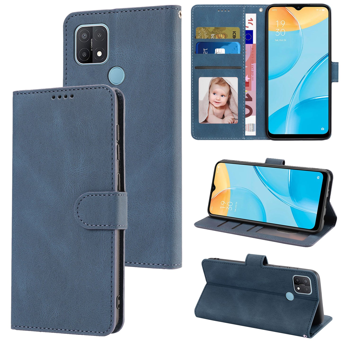 For Oppo A15s / A15 / A35 PU Leather Wallet Case Viewing Stand Magnetic Flip Phone Cover with Strap