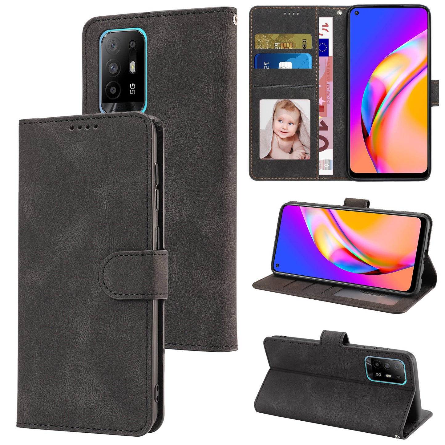 For Oppo A94 5G / Reno5 Z / F19 Pro+ 5G Phone Case PU Leather Wallet Stand Flip Cover with Strap