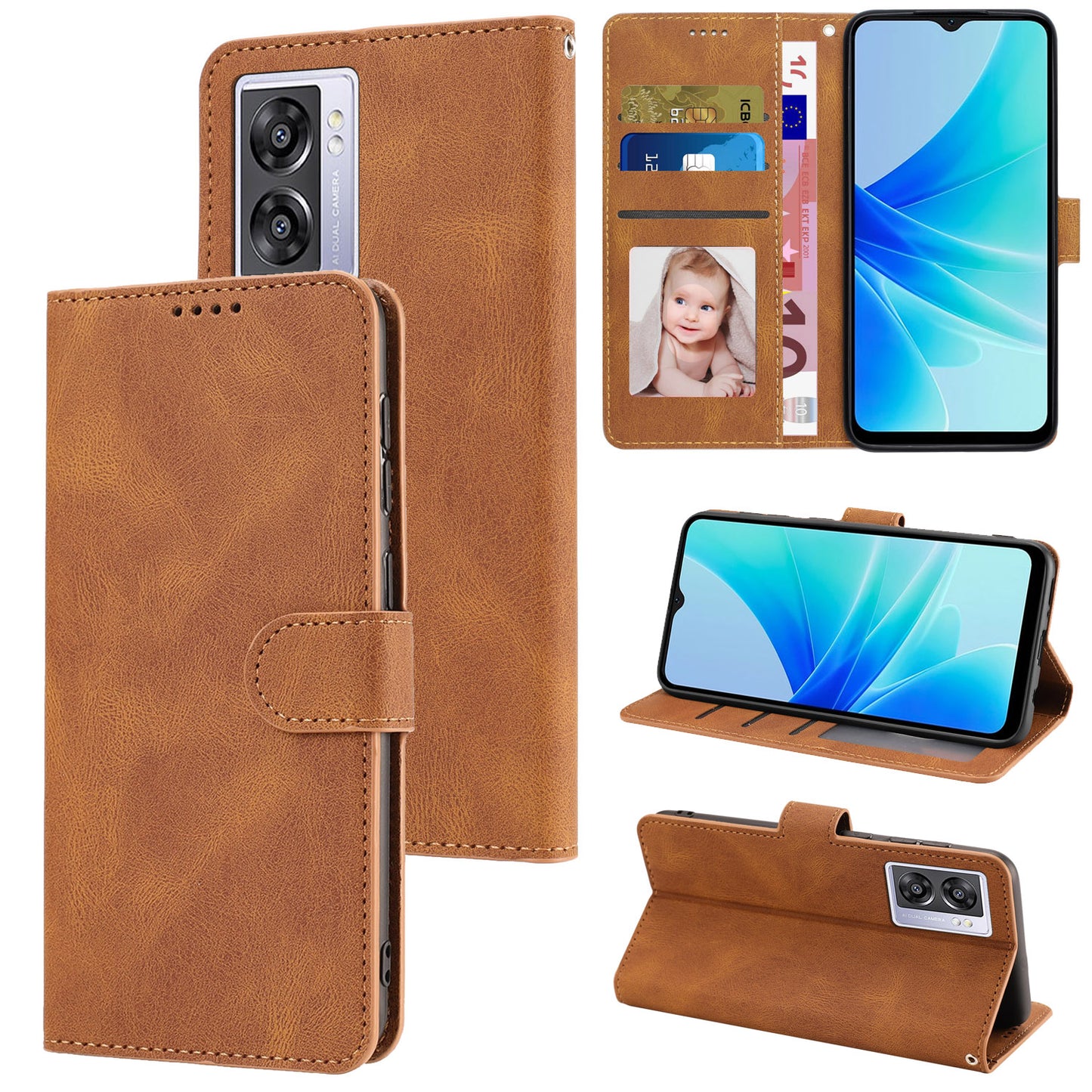 Leather Phone Case for Oppo A57 (2022) 5G / A77 5G / A97 5G / Realme Q5i / V23 5G / Narzo 50 5G / OnePlus Nord N300 5G , Wallet Stand Flip Cover