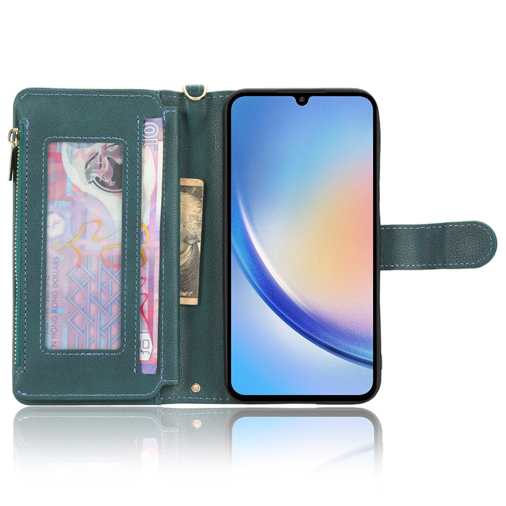 For Samsung Galaxy A34 5G Zipper Pocket Phone Wallet Case Cellphone Cover with 2 Straps