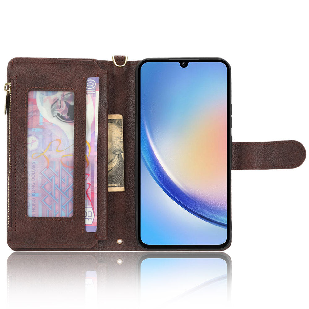 For Samsung Galaxy A34 5G Zipper Pocket Phone Wallet Case Cellphone Cover with 2 Straps