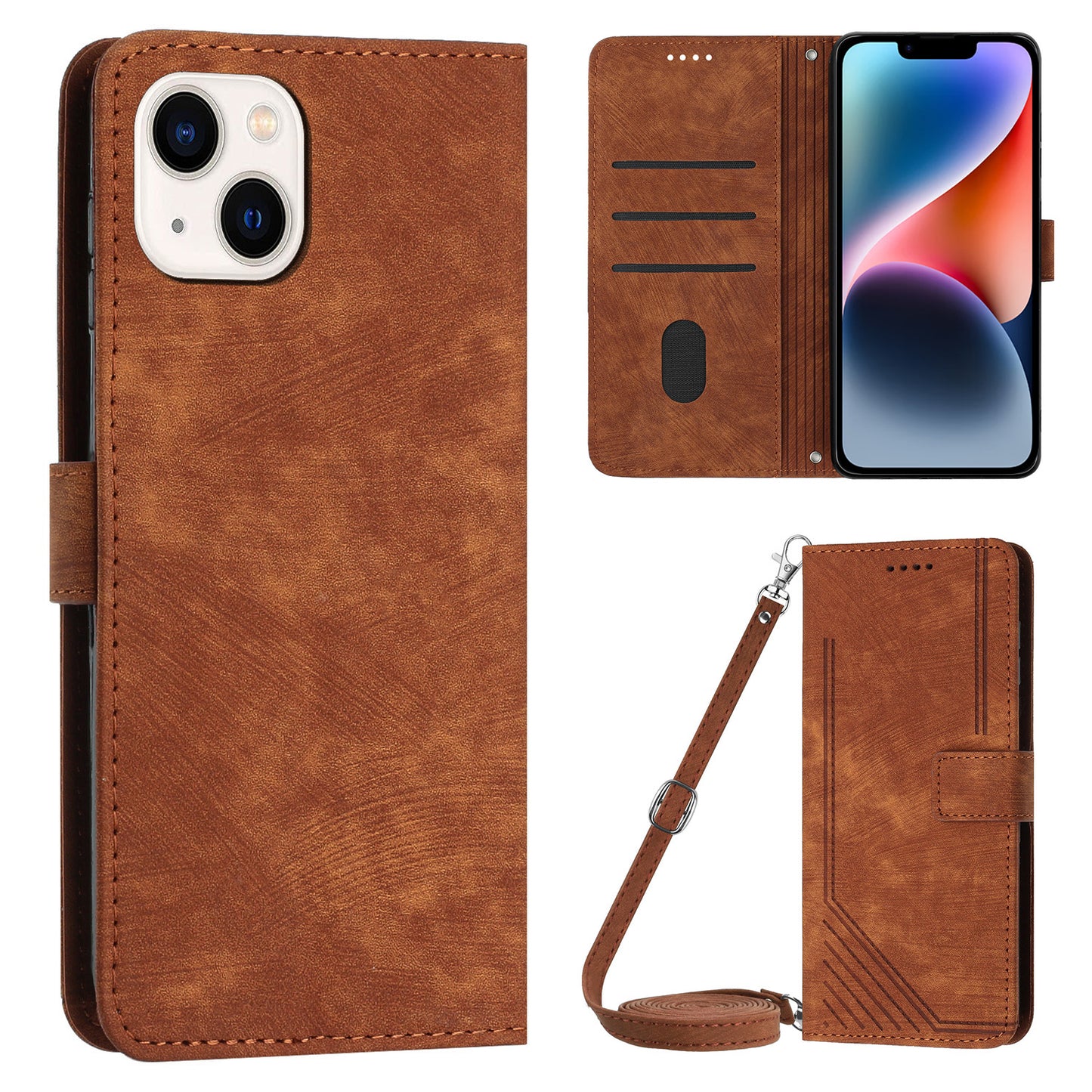 For iPhone 14 Plus Flip Folio Cover PU Leather Lines Imprinted Stand Crossbody Wallet Phone Case