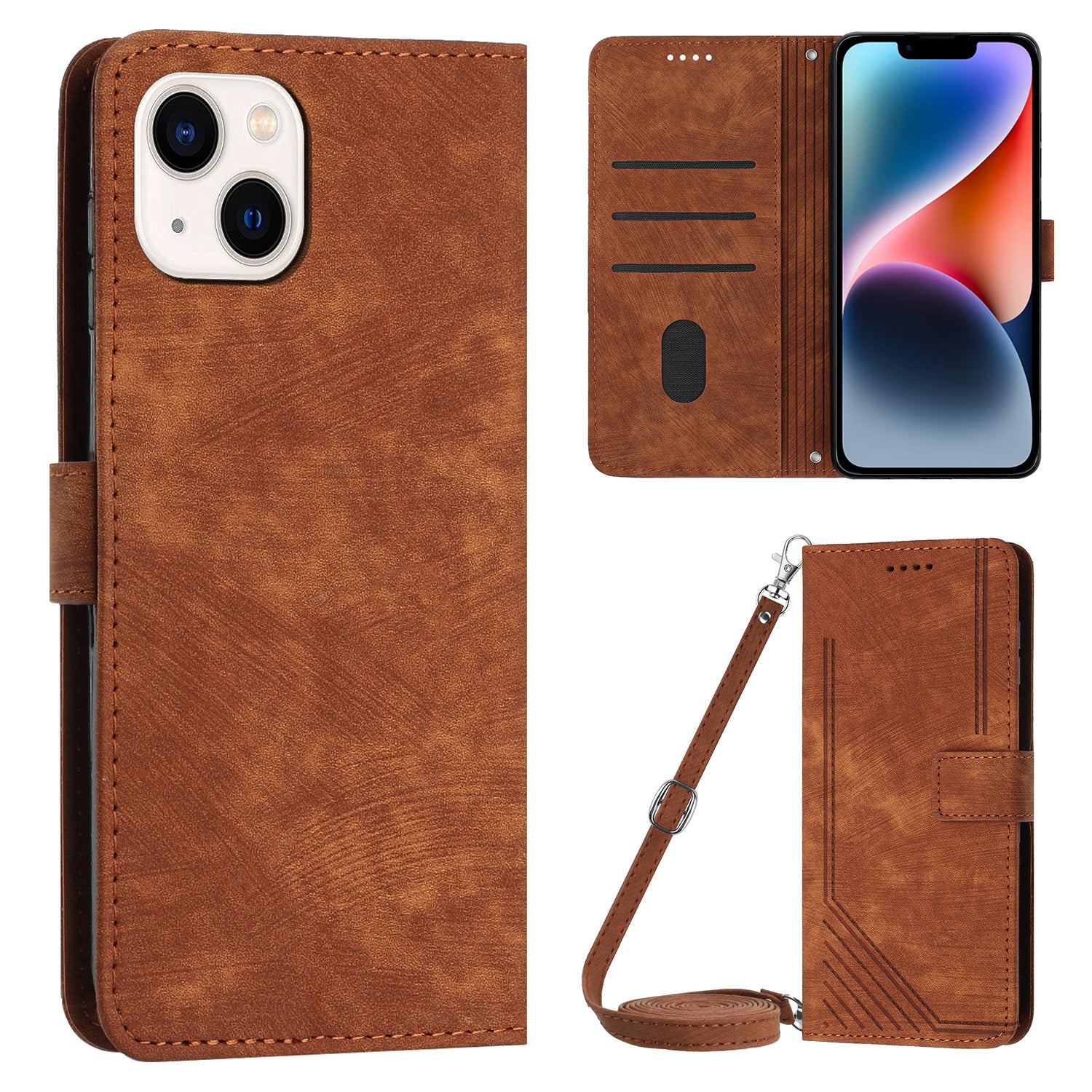For iPhone 14 Plus Flip Folio Cover PU Leather Lines Imprinted Stand Crossbody Wallet Phone Case