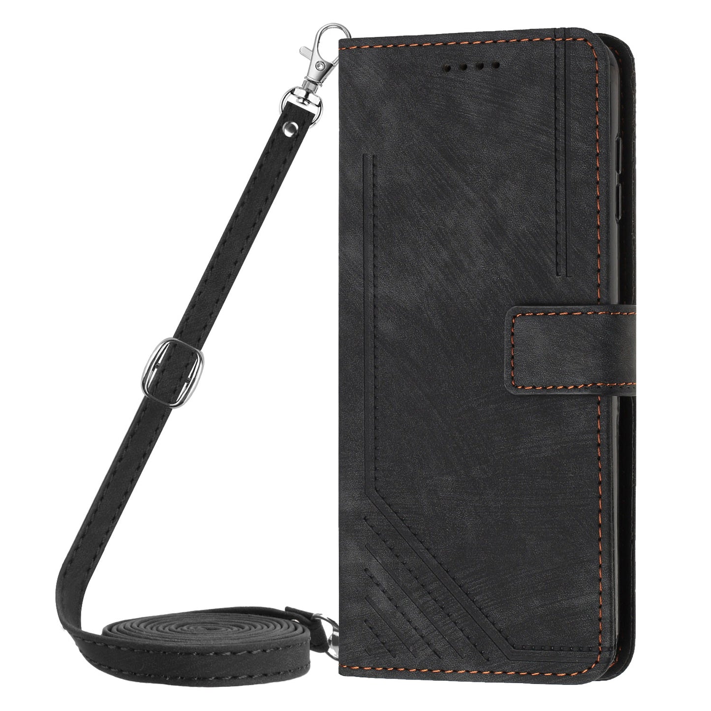 For iPhone 14 Plus Flip Folio Cover PU Leather Lines Imprinted Stand Crossbody Wallet Phone Case